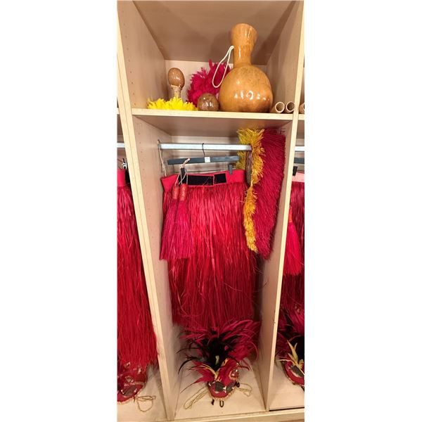 Red Artificial Fringe Dance Skirt w/ Hip Hei Band, Headdress, Uli Uli, Gourd & Tassels