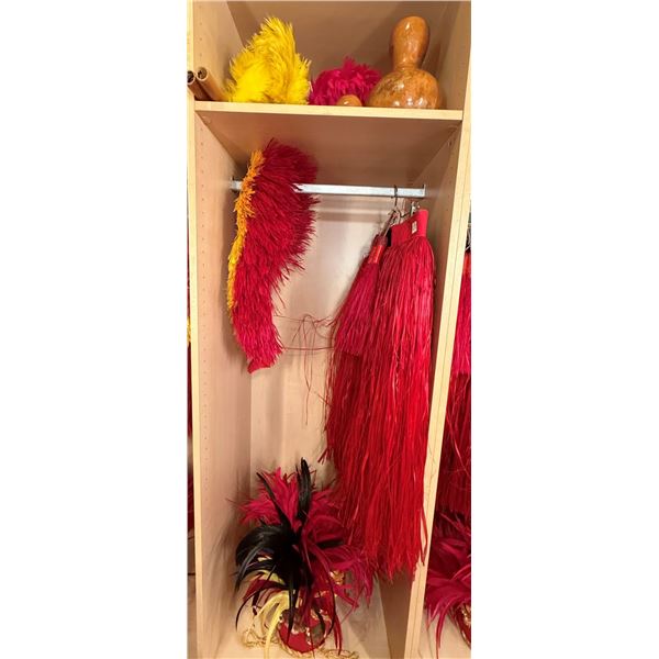 Red Artificial Fringe Dance Skirt w/ Hip Hei Band, Headdress, Uli Uli, Gourd & Tassels