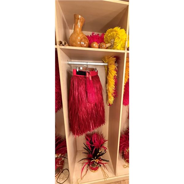 Red Artificial Fringe Dance Skirt w/ Hip Hei Band, Headdress, Uli Uli, Gourd & Tassels