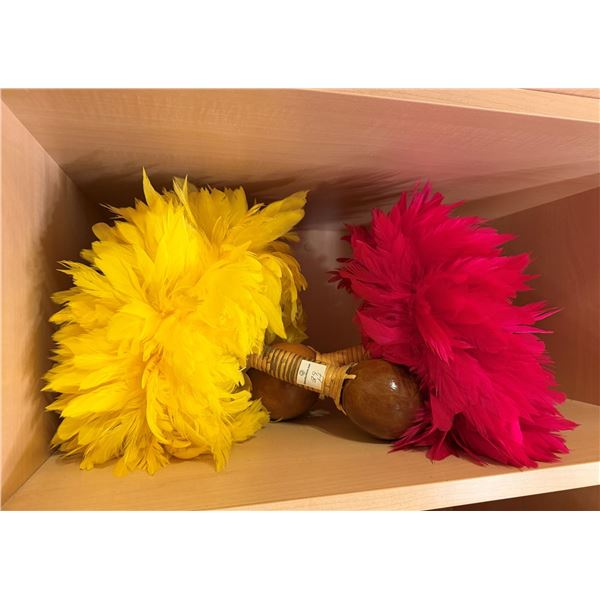 Qty 2 Uli Uli Feathered Gourd Hula Implements