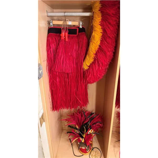 Red Artificial Fringe Dance Skirt w/ Hip Hei Band, Headdress, Uli Uli, Gourd & Tassels