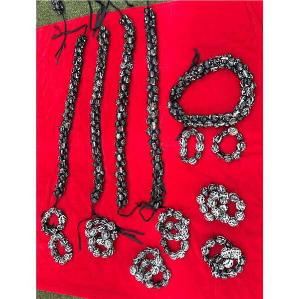 Qty 5 Black Kukui Nut Lei w/ 14 Matching Bracelets