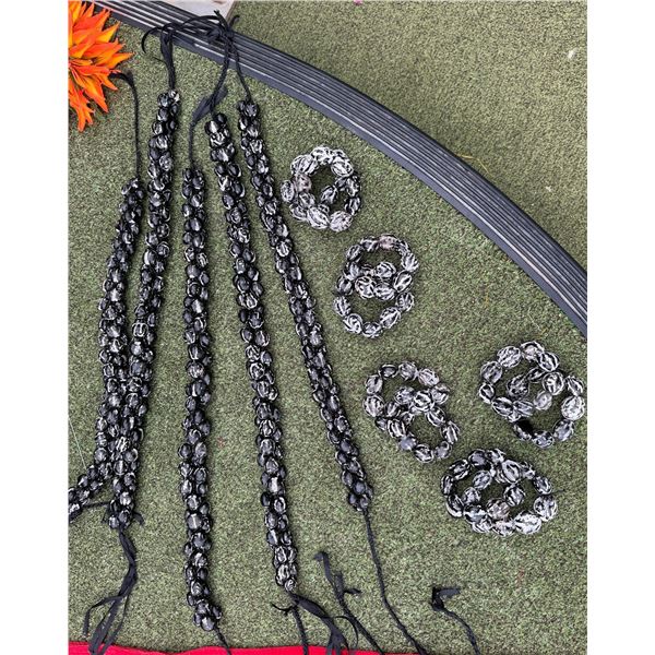 Qty 5 Black Kukui Nut Lei w/ 10 Matching Bracelets