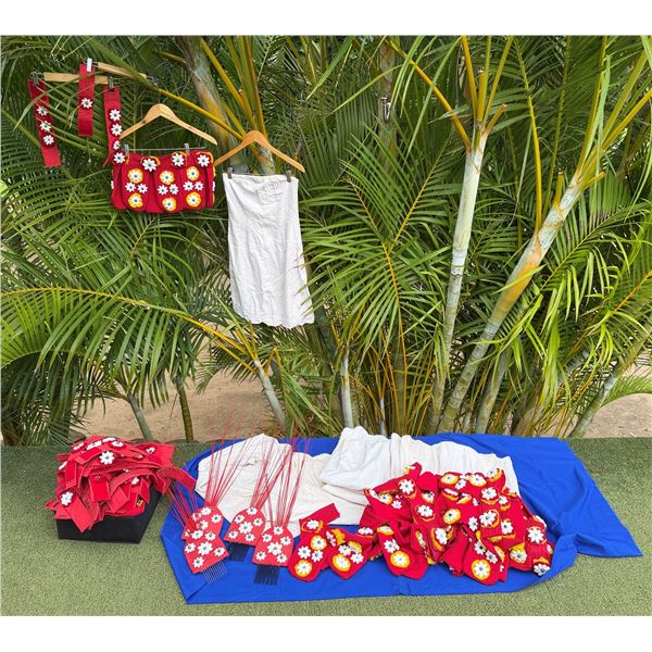 Qty 10 Red & White Floral Costume Pieces: Skirts, Tops, Belts & Hair Combs