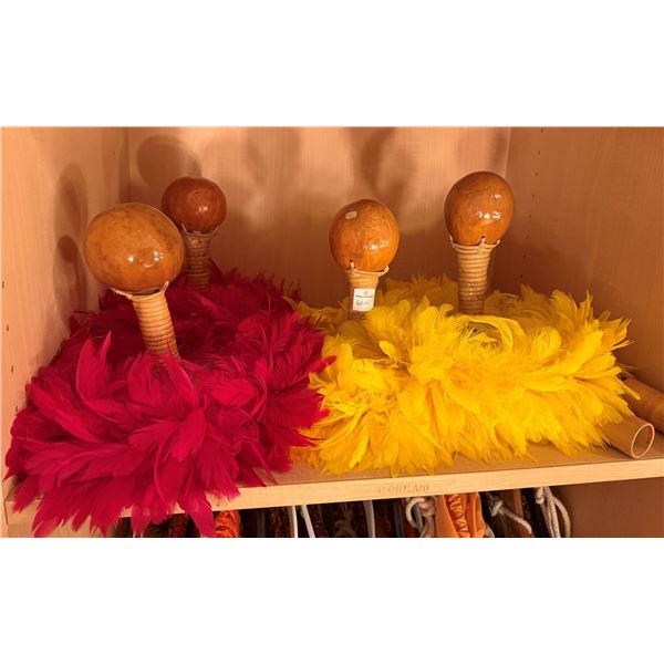 Qty 4 Uli Uli Feathered Gourd Hula Implements