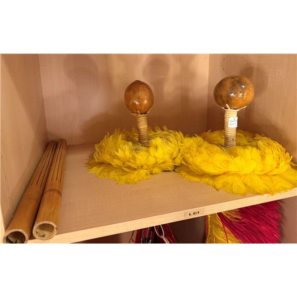 Qty 2 Uli Uli Feathered Gourd Hula Implements & 2 Pu'ili Sticks