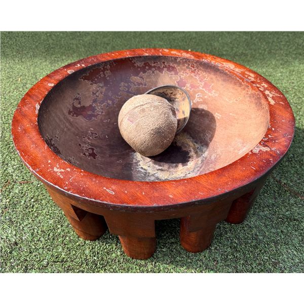Round Wooden Kava Bowl 15" Dia, 6"H w/ Coconut Shell
