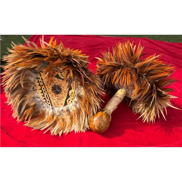 Qty 2 Uli Uli Feathered Gourd Hula Implements w/ Woven Tops
