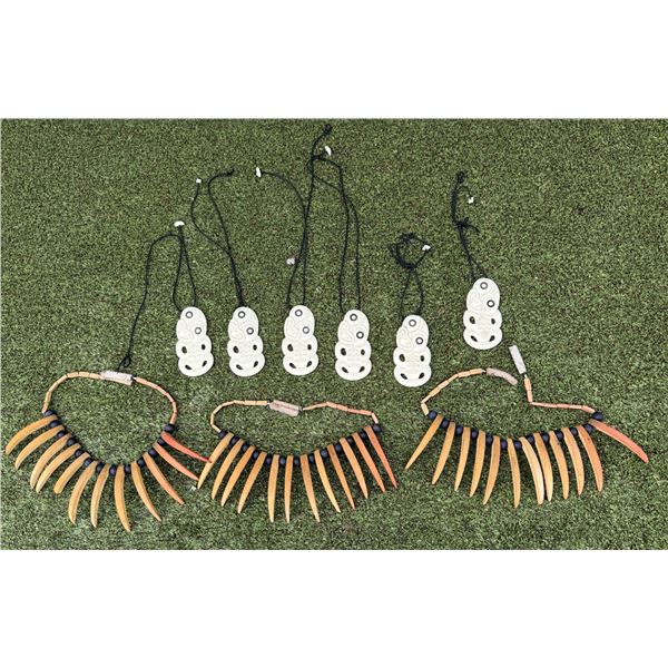 Qty 3 Artificial Tooth Necklaces & 6 Hei Tiki  Pendants