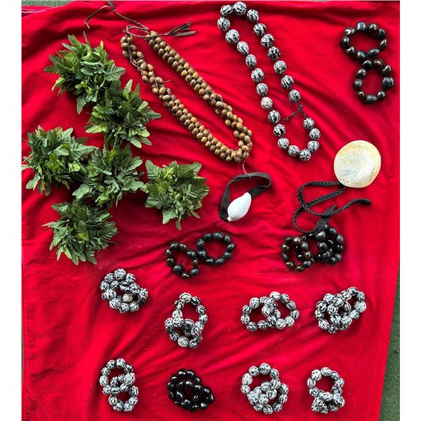 Multiple Kukui Nut Lei & Bracelets, Artificial Leaf Wristlets, Shell Necklaces, etc