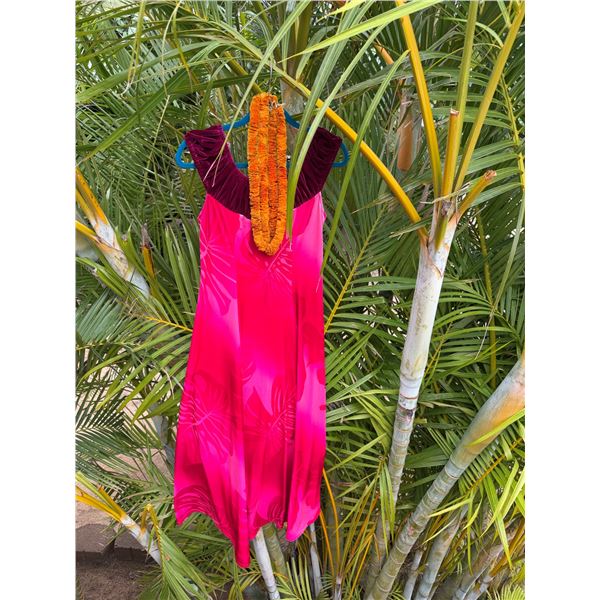 Pink Leaf Print Velvet Dress w/ Lei