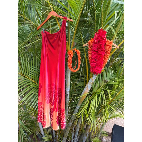 Red Off-Shoulder Velvet Dress w/ Leaf Print & Multiple Lei & Haku Lei