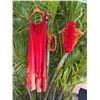 Image 1 : Red Off-Shoulder Velvet Dress w/ Leaf Print & Multiple Lei & Haku Lei