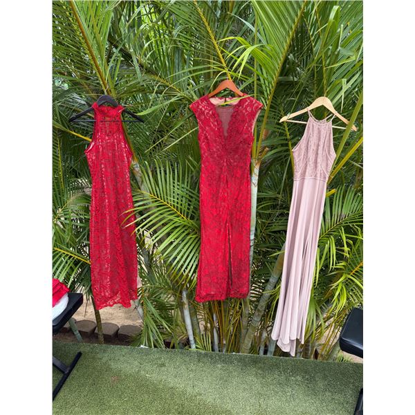 Qty 2 Red Floral Dresses & 1 Pink w/ Lace