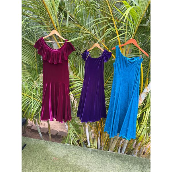 Qty 3 Velvet Dresses: Burgundy Ruffled Neck, Light Blue Off-Shoulder & Blue w/ Puffy Sleeves