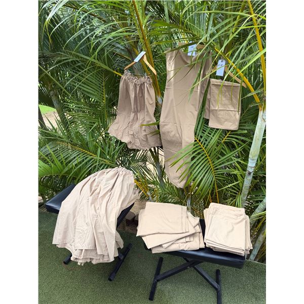 Qty 7 Tan Pants, 11 Ruffled Strapless Tops w/ Skirts, etc