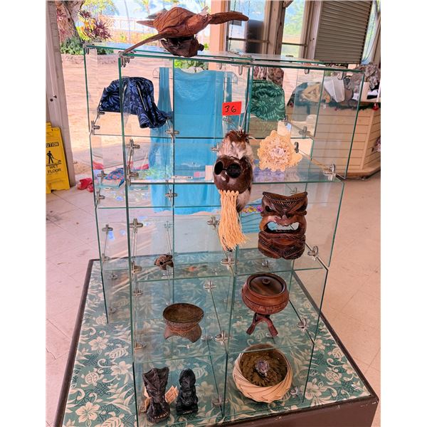 Contents of Display: Wooden Turtle, Shells, Helmets, Tikis, Bowls, etc (rack not included)