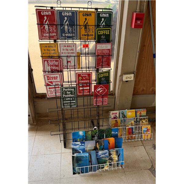 Display Rack & Contents: Surfer & Paddler Parking Signs, Coffee, Dolphin Crossing, Postcards, etc