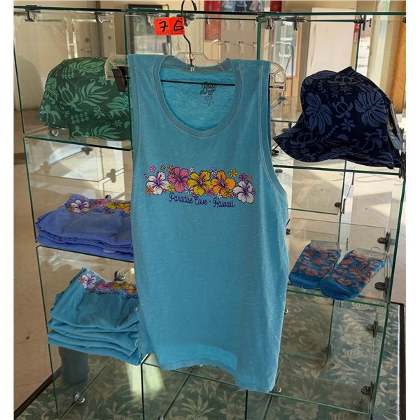 Contents of Display: Multiple Paradise Cove Tank Tops, Caps, Socks, etc (rack not included)
