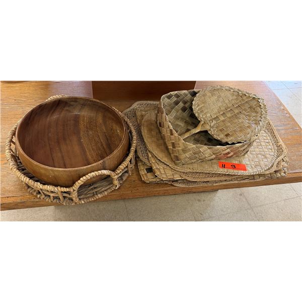 Multiple Woven Baskets, Trays, Fan, etc w/ Wooden Bowl, Misc Sizes