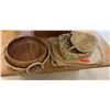 Image 1 : Multiple Woven Baskets, Trays, Fan, etc w/ Wooden Bowl, Misc Sizes