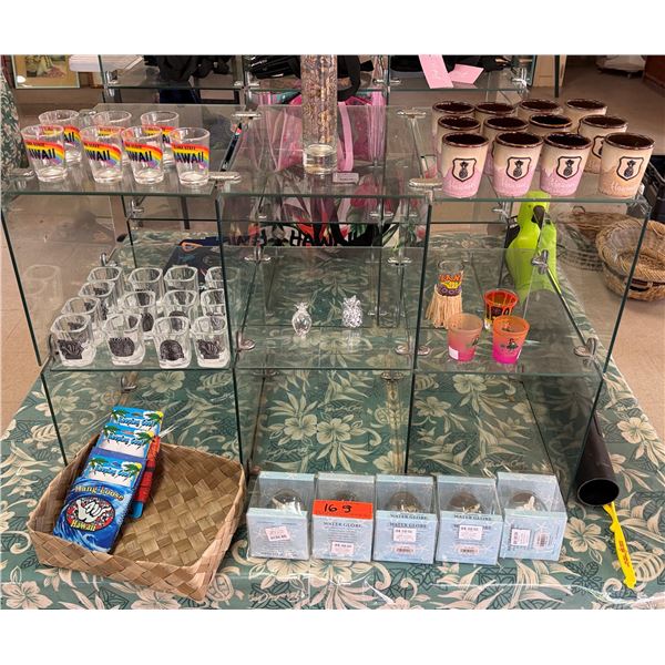 Contents of Display: Hawaii Shot Glasses, Coffee Mugs, Glass Pineapples, Can Coolers, etc (rack not 