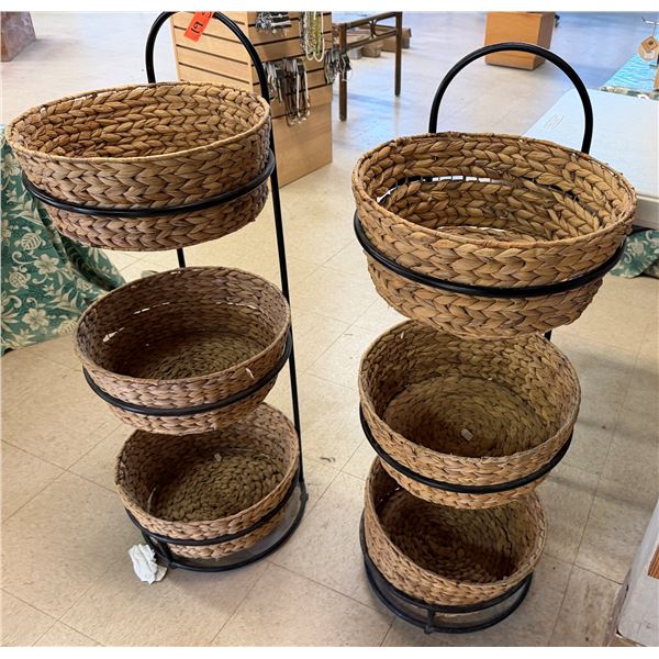 Qty 6 Woven Baskets 15" Dia, 5"H in 2 Metal Stands 37"H