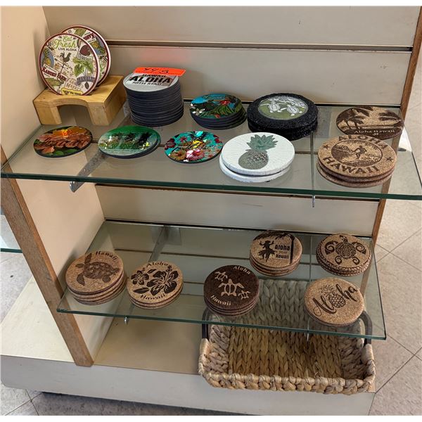 Multiple Hawaii Trivets, Coasters, Basket, etc  (rack not included)