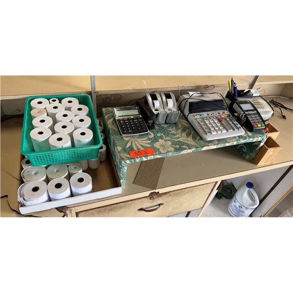 Multiple Calculators, Receipt Paper Rolls, Tape Dispensers, etc