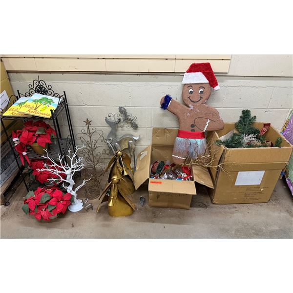 Misc Christmas Ornaments: Artificial Poinsettias, Mele Kalikimaka Books, Ginger Bread Man, etc