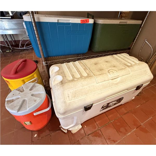 Qty 3 Chest Coolers & 2 Beverage Coolers, Misc Sizes