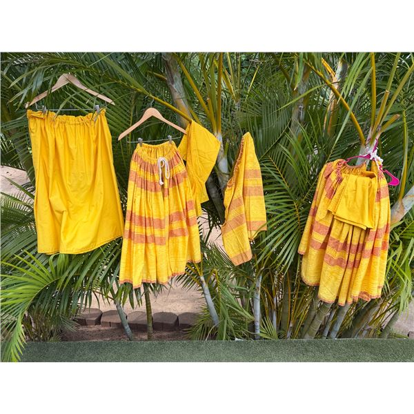 Multiple Yellow Patterned Costume Pieces: Skirts, Slips & Tops