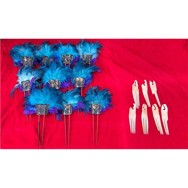 Qty 10 Blue Feather Hair Combs & 7 Plastic Combs