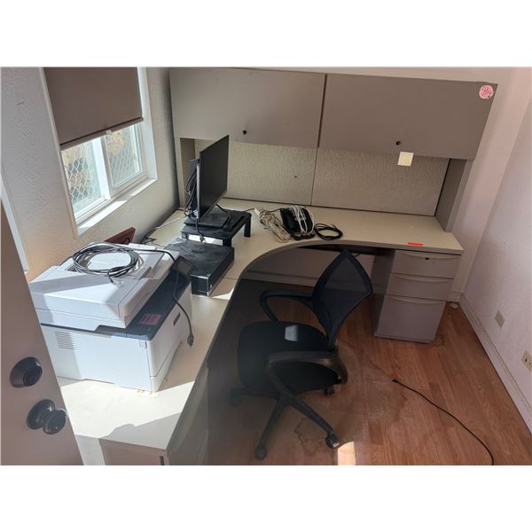 L-Shaped Desk w/ Hutch 72" x 21" x 91", Chair & Contents: Xerox Printer, HP Elitedesk, Monitor, etc