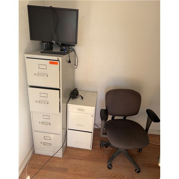 Metal 4-Drawer Filing Cabinet, 2 Drawer Unit, Dell Monitor & Rolling Chair, etc