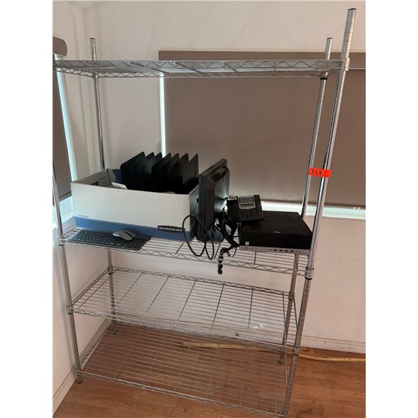 Metal Mesh Shelving Unit & Contents: HP Elitedesk, Monitor, Sorter Rack, Phone, etc