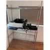 Image 1 : Metal Mesh Shelving Unit & Contents: HP Elitedesk, Monitor, Sorter Rack, Phone, etc