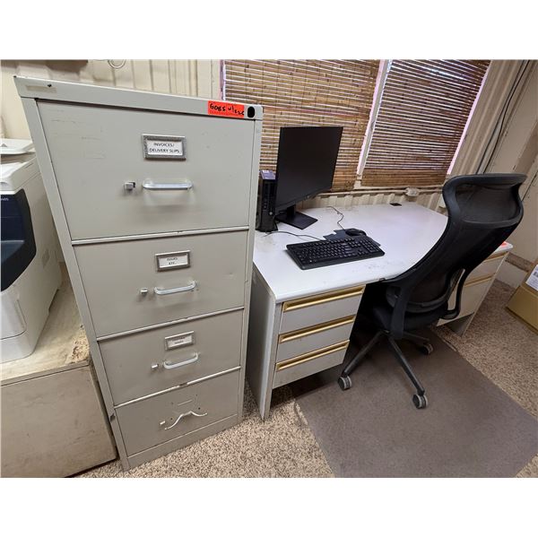 Metal 4-Drawer Filing Cabinet w/ Desk, Chair, Monitor, Keyboard, etc