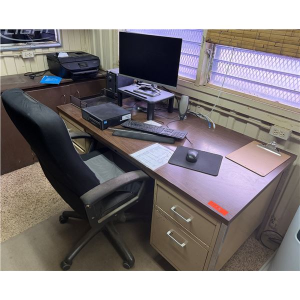 Metal Desk w/ Laminate Top, Chair & Contents: HP Elitedesk, Monitor, Printer, Sunbeam Mini-Fridge, e