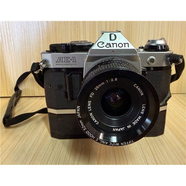 Canon AE-1 Program 35mm Film SLR Camera w/ Canon FD 28mm 1:2.8 Lens & Power Winder