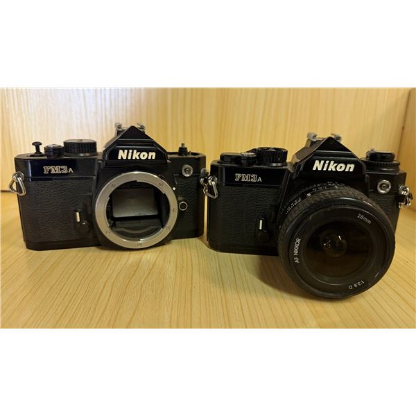 Qty 2 Nikon FM3A 35mm Film SLR Cameras w/ 1 AF Nikkor 28mm f/2.8D Lens (for parts or repair)