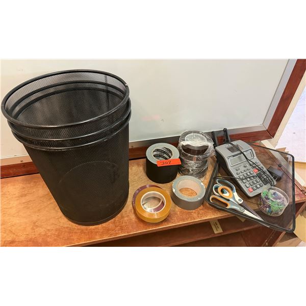 Qty 3 Wire Wastebaskets, Calculator, Misc Tape, Scissors, etc
