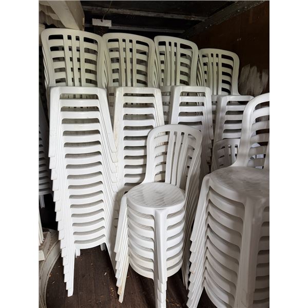 Qty 100 Grosfillex White Miami Bistro Stacking Side Chairs (retail $41/ea) 15" x 15" x 34"H