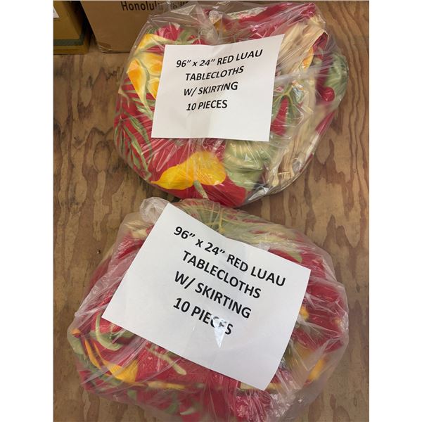 Qty 20 Red Floral Print Luau Tablecloths w/ Skirting & Elastic 96" x 24"