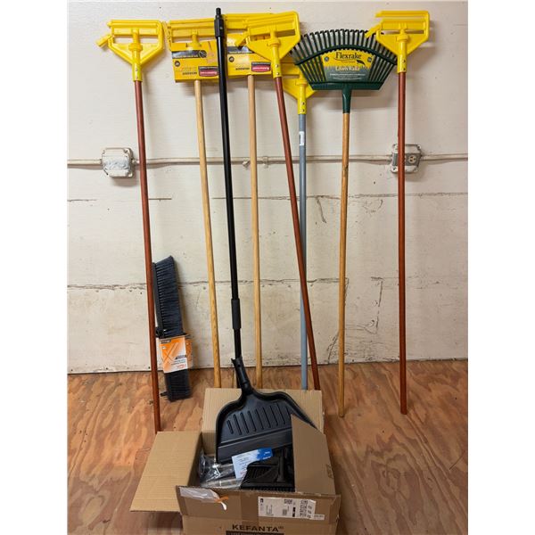 Misc. Mop Handles, Lawn Rake, Broom Sticks, Broom Parts (Appears Unused)