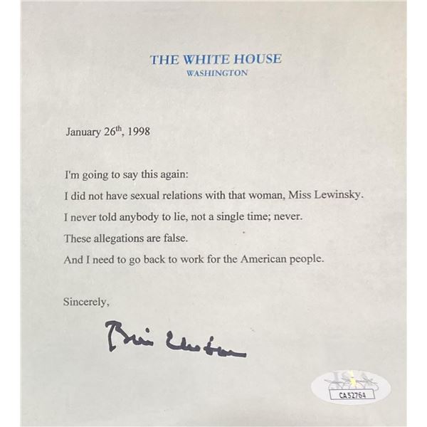 BILL CLINTON SIGNED WHITE HOUSE LETTER (JSA COA)