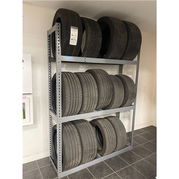 Tire rack w/ (x14) tires (Various tires) - Rack 18.5x61x84"