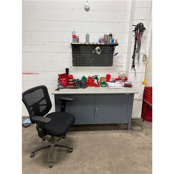 Workbench & Contents - Including organizer & trays, pneumatic grinder, inflators, latex gloves, etc.