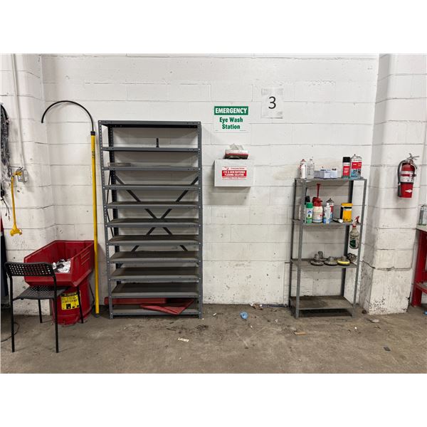 Storage Rack & Contents including metal waste bin, fiberglass hot stick, etc.