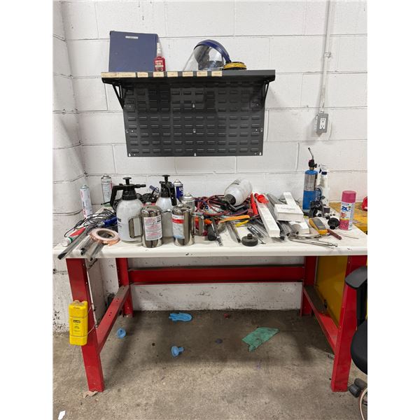 Workbench & contents including Milwaukee bits, air guns, wipers, hand tools, etc.